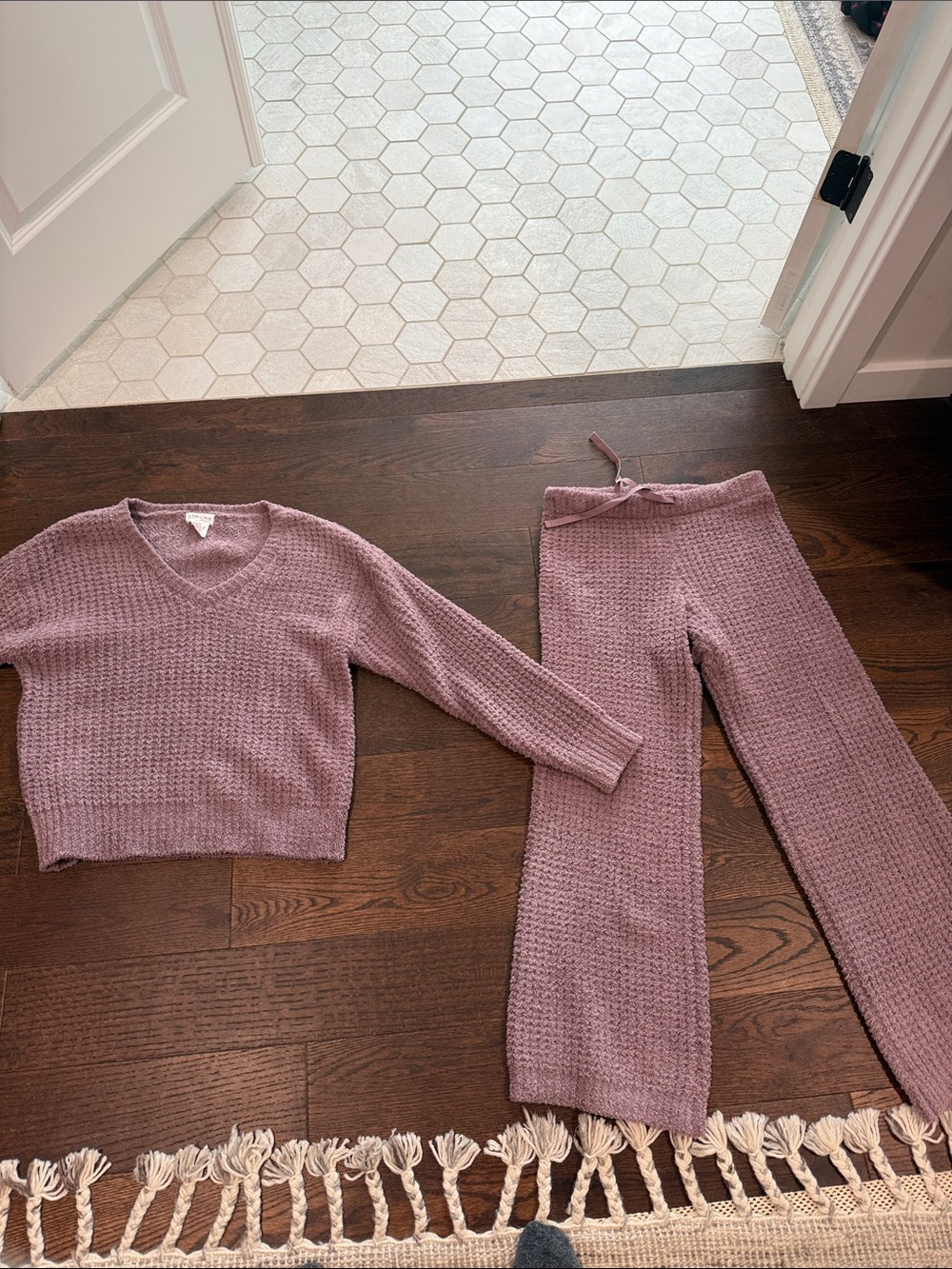 Women’s Softies Cozy Mauve Knit Pajama Set - V-Neck Top & Drawstring Pants